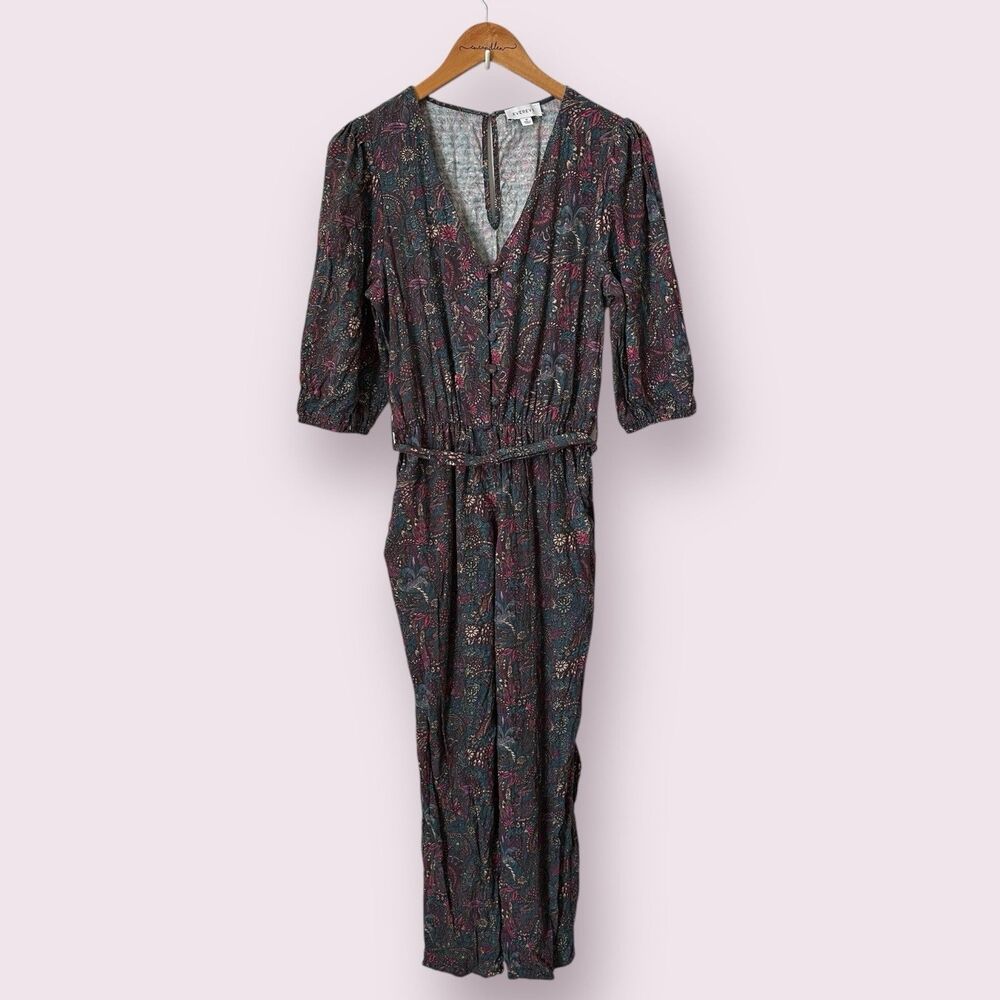 EVEREVE Floral Ember Puff Sleeve Belted Jumpsuit 3/4 Length Medium‎